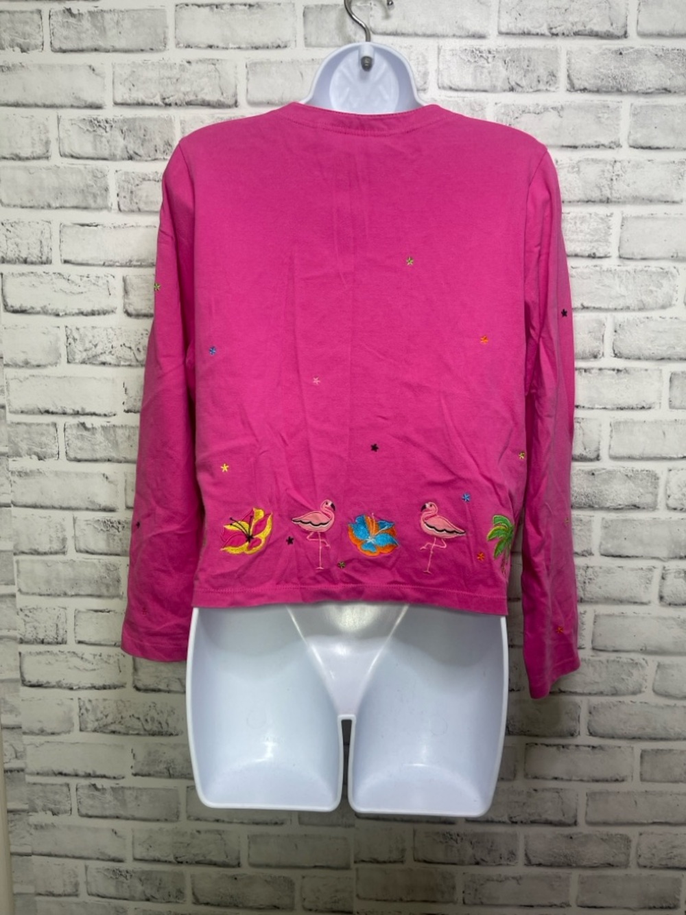 Vintage Michael Simon Lite Pink Tropical Flamingo Embroidered Cardigan Small - Picture 7 of 7